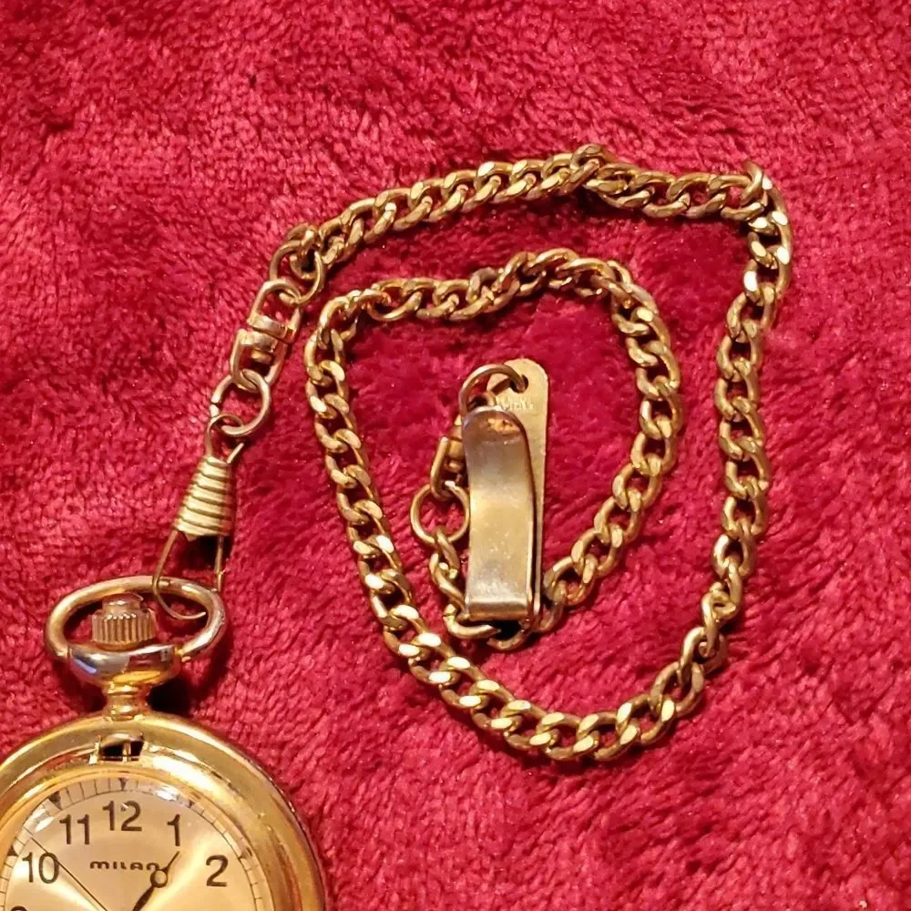 Milan Motorcycle Black & Gold Enameled Pocketwatch Watch with Chain‎ & Clip